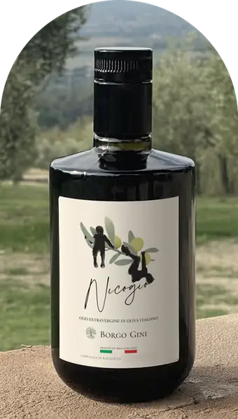 Bottiglia di olio Nicogio tra gli ulivi di Borgo Gini